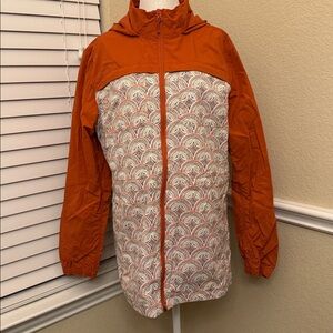 Duluth Trading Co Orange & White Patterned Rain Jacket, sz L